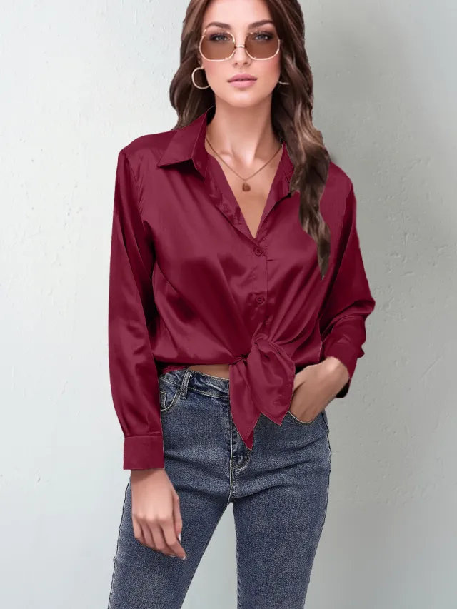 Women's Silk like Long sleeved Shirt Top Wine Red - Shop at LoveMi