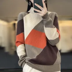 Long Sleeve Half Turtleneck Loose Diamond Color Matching Knitted Bottoming Shirt - Camel Color - View 1