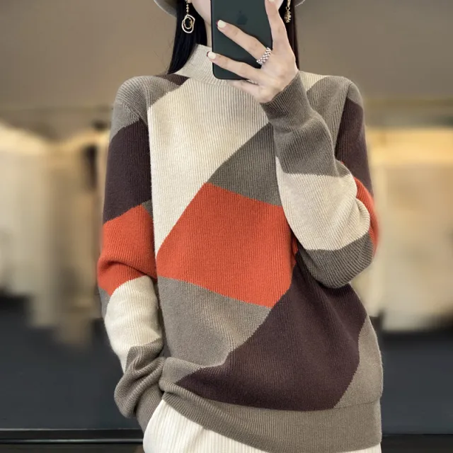 Long Sleeve Half Turtleneck Loose Diamond Color Matching Knitted Bottoming Shirt Camel Color - Shop at LoveMi