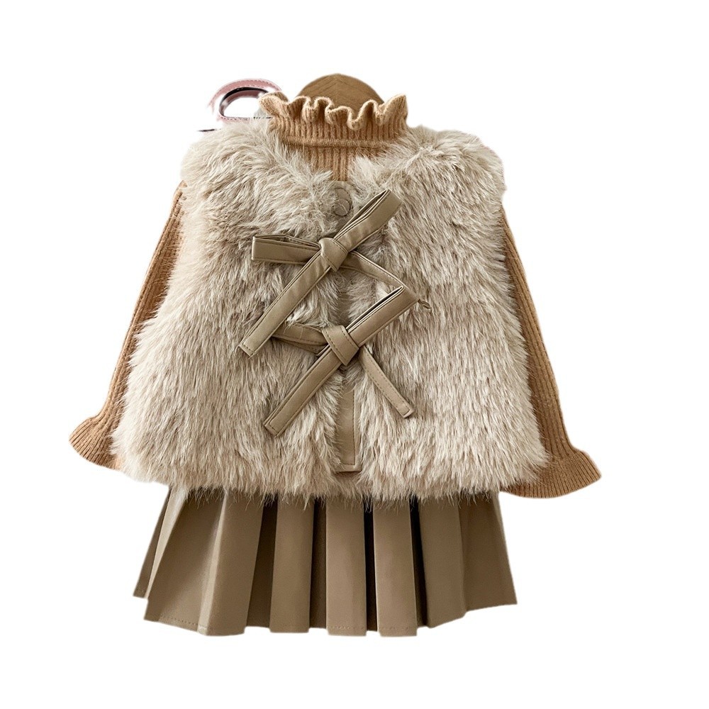 Girls' Autumn And Winter Warm Fur Waistcoat Leather Skirt Suit - Image 4