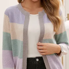 Women's Candy Colour Matching Knitted - Purple Patched Green - View 1