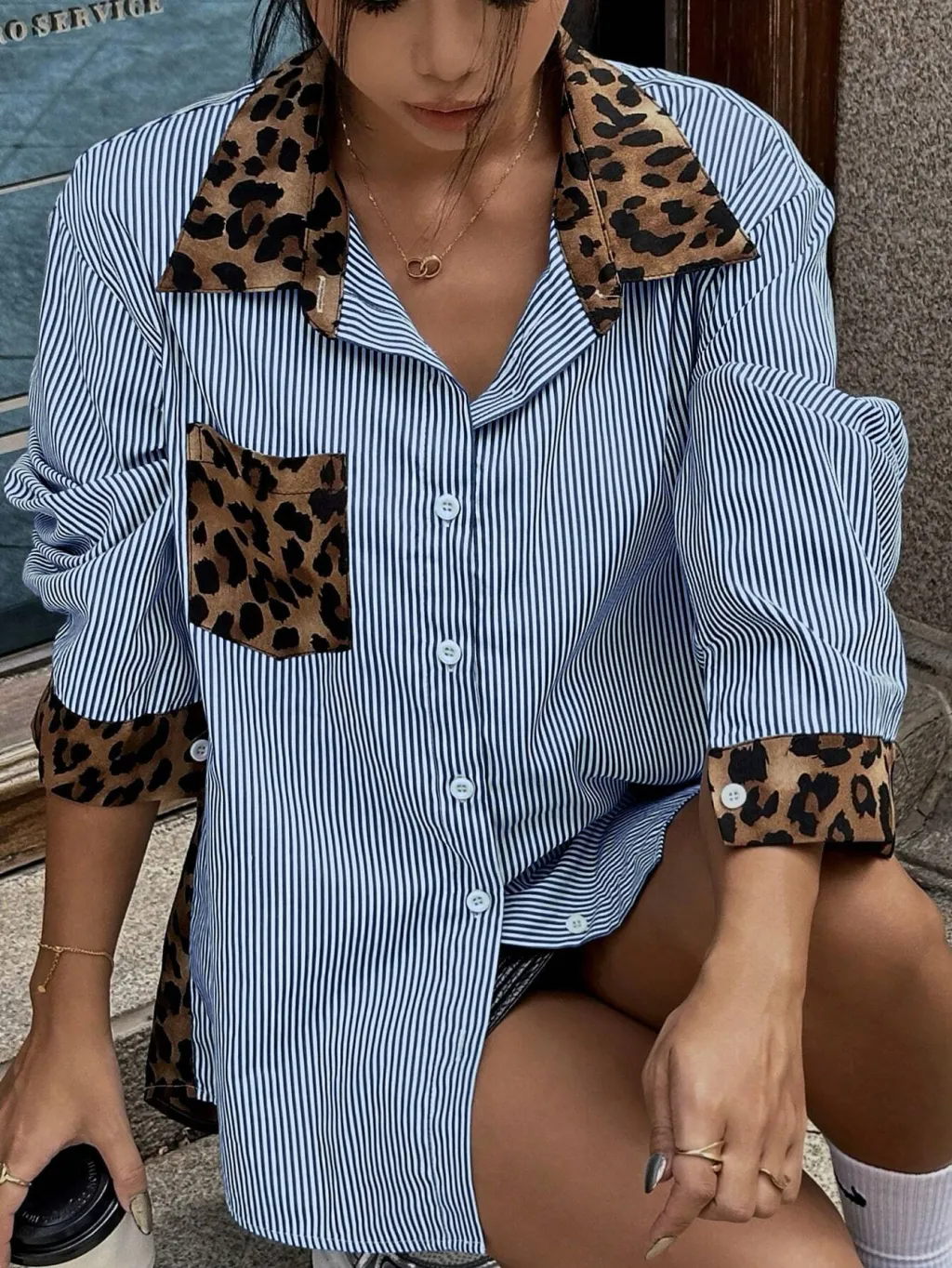 INS Leopard Striped Patchwork Shirt Fashion Casual Long-sleeved Button Lapel Top Women's Clothing - Leopard Print Blue