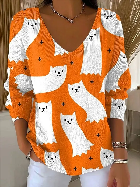 V neck Long sleeved Sweater Floral Loose Sweater Style 4 - Shop at LoveMi