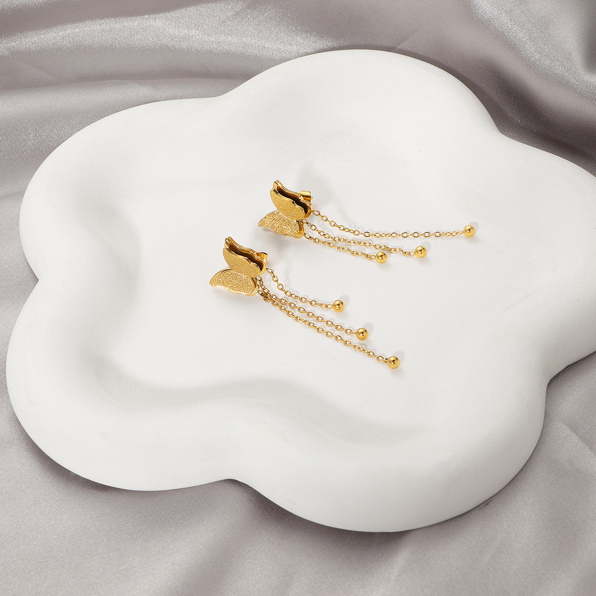 Korean-style Sand-pressed Double Butterfly Tassel Earrings