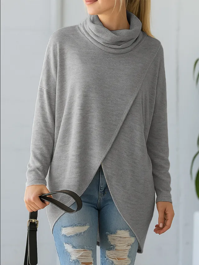 Casual, Relaxed fit, Fashionable Long sleeve Solid color Turtleneck Knit Top Gray - Shop at LoveMi