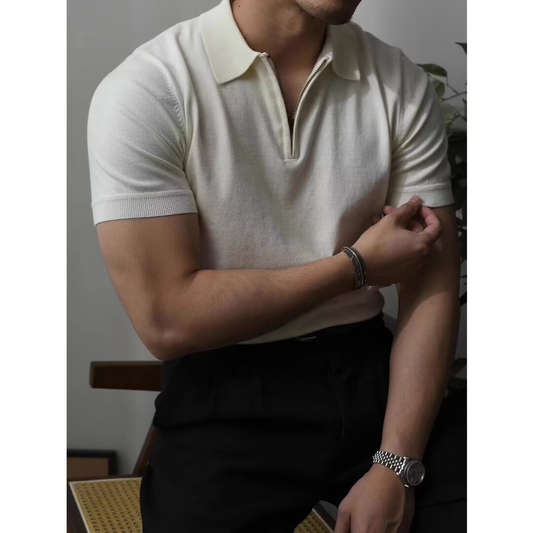 Men's Summer Short-Sleeve Simple Solid-Color Slim-Fit Knit Shirt 3