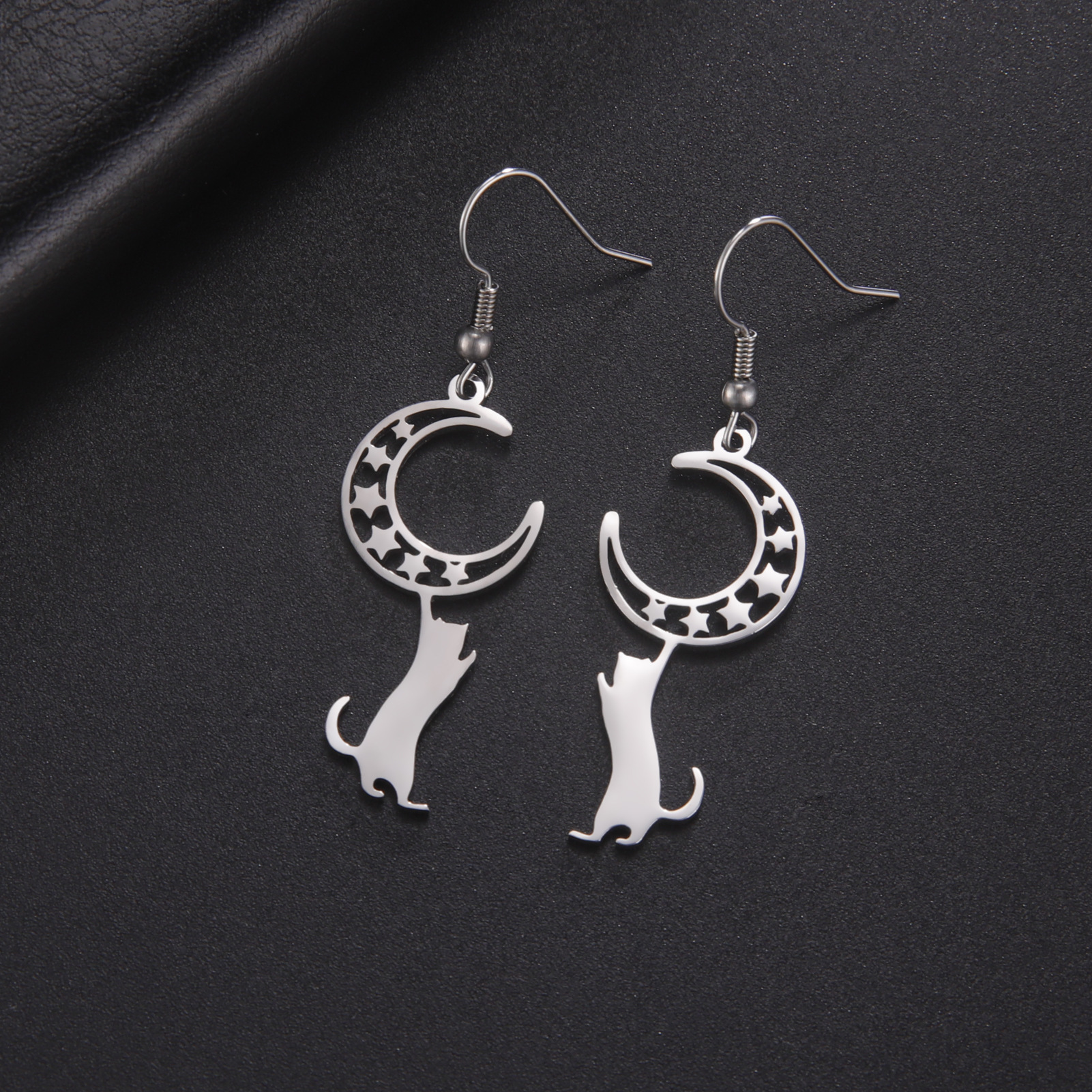 Titanium Steel Star Moon Cat Earrings