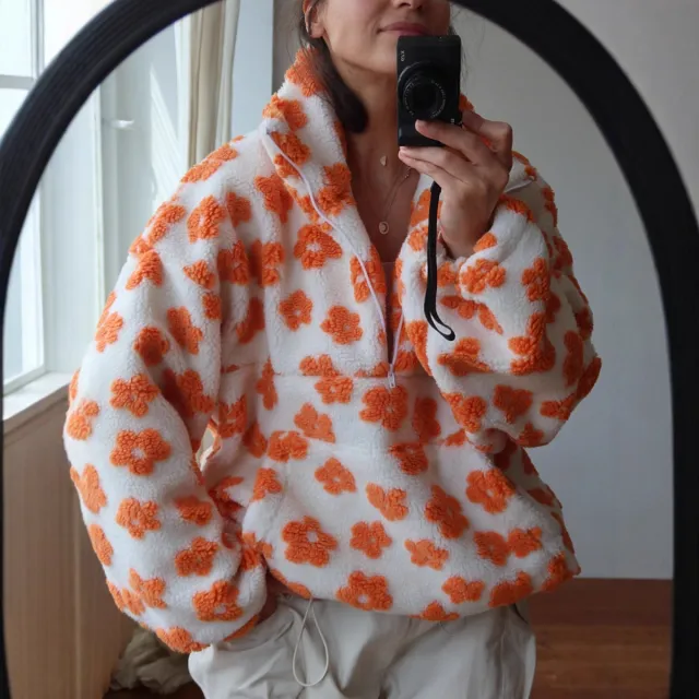 Winter Flowers Lambskin Sweatshirt With Big Pocket Casual Loose Zip up Lapel Pullover Top Women's Clothing Orange - Shop at LoveMi