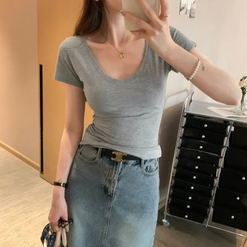 Crew-neck Slim-fit Short-sleeve T-shirt - Gray