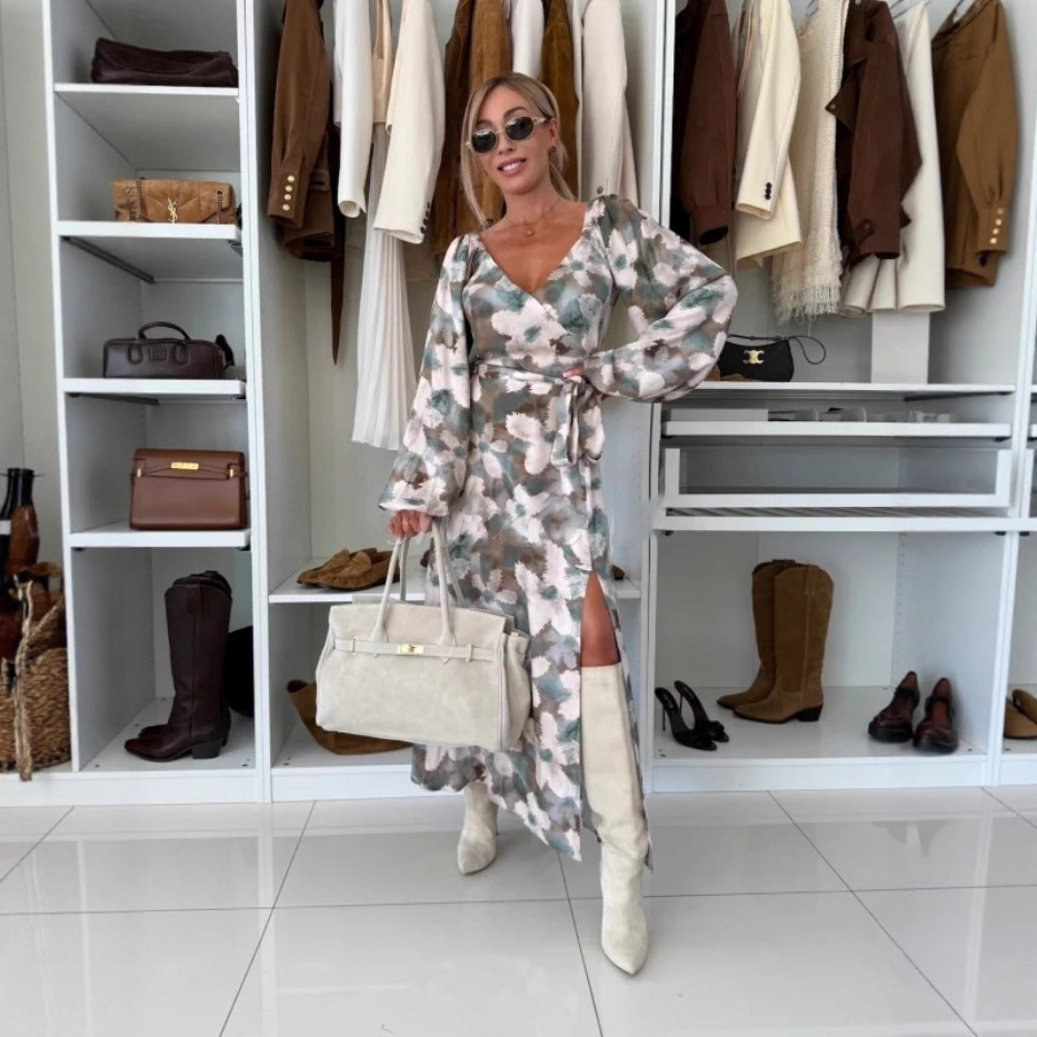 Women's Printed Waist-controlled Hem Slit Long-sleeved Dress