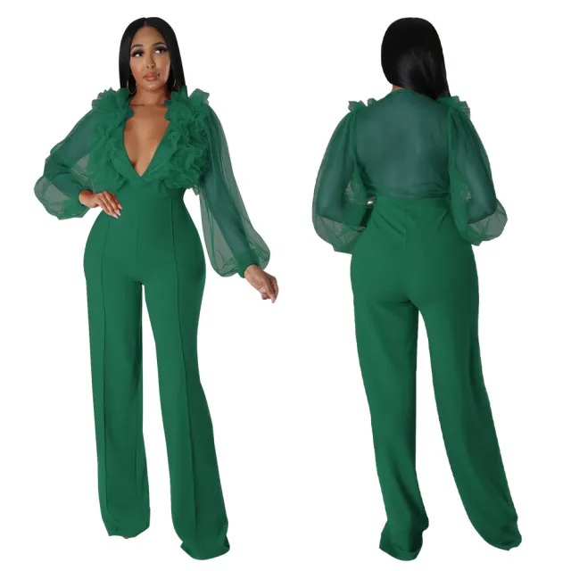 Mesh Lantern Sleeve V neck Backless Jumpsuit Dark Green - Shop at LoveMi
