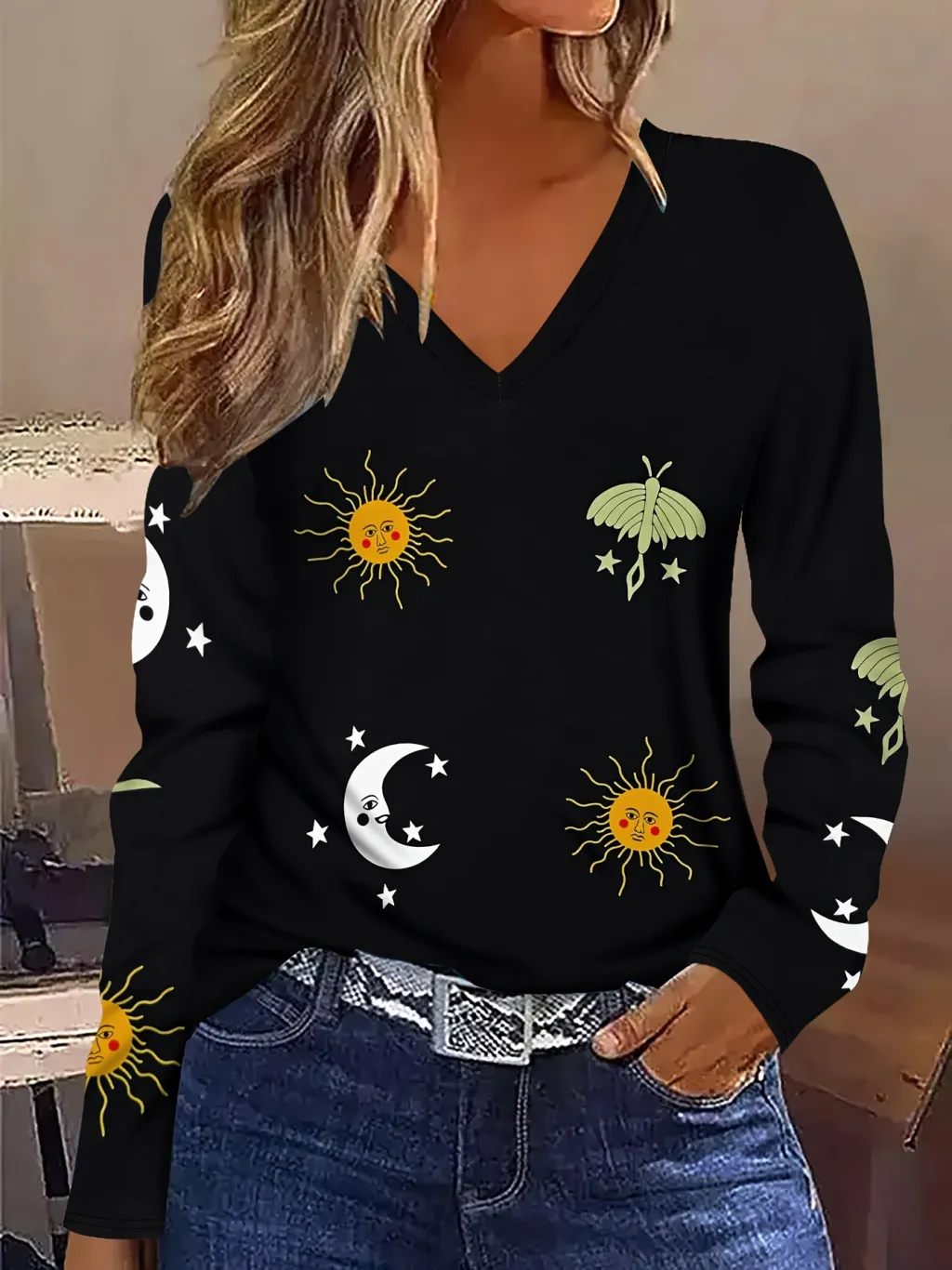 Sun Moon Star Butterfly Graphic Breathable Printed V-neck Long Sleeve T-shirt - P5472#-Xxl