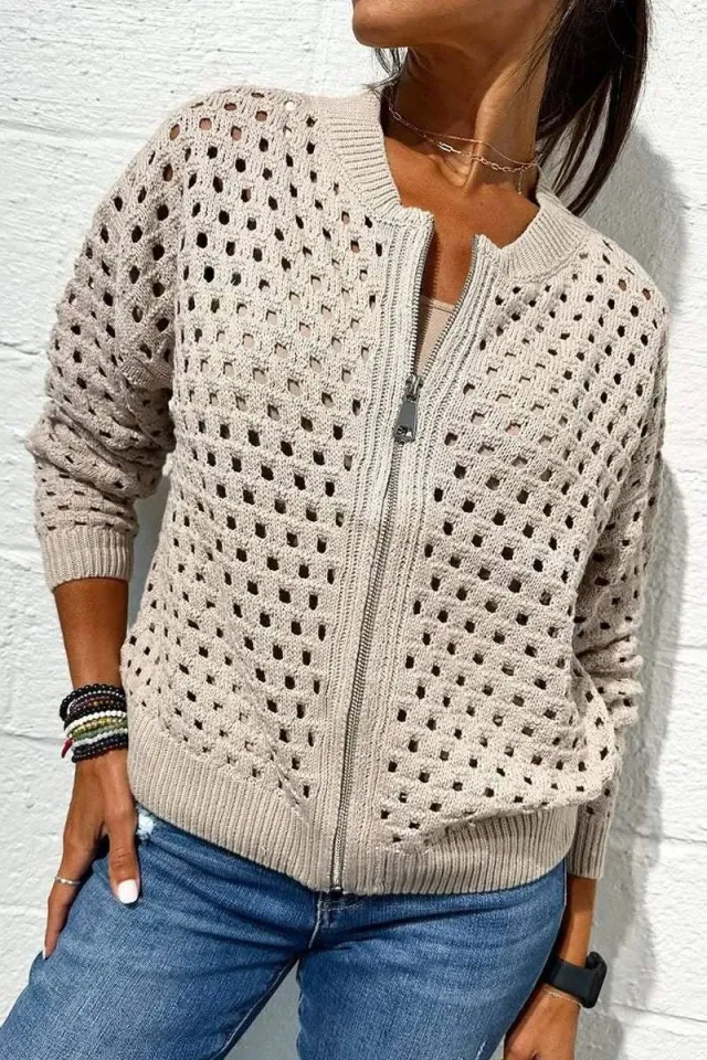 European And American Leisure Hollow Knitted Zipper Jacket Women's Coat Apricot - Shop at LoveMi