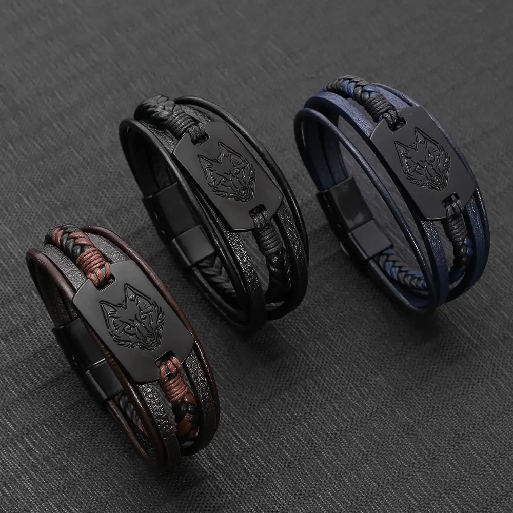 Mens Woven Leather Bracelet Vintage Style