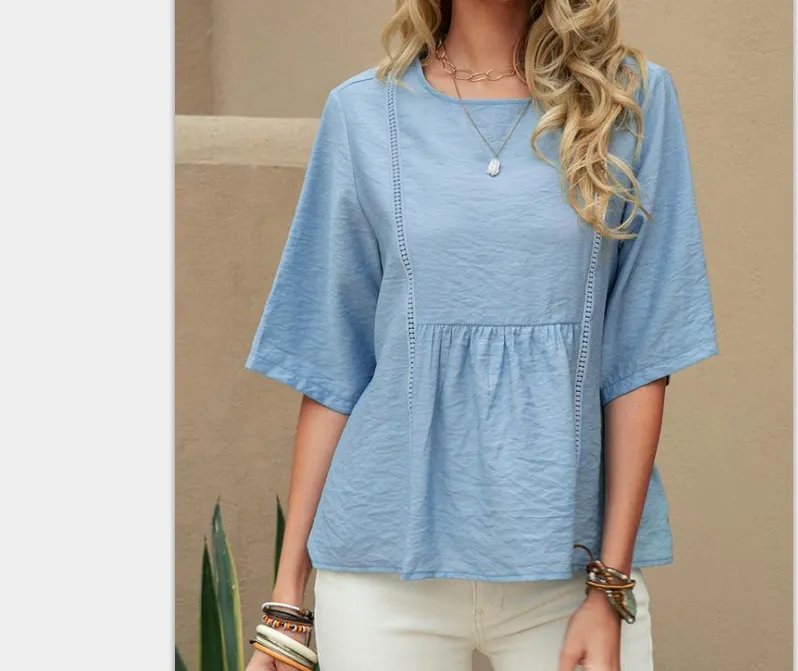 Hollow-Out Womens Cotton-Linen Casual Solid-Color Three-Quarter-Sleeve Shirt - Blue