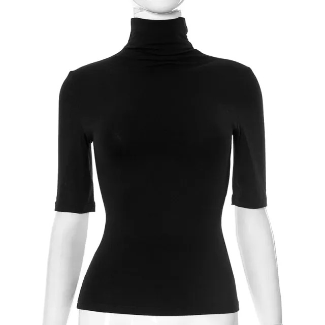 Women's Solid Color Turtleneck Half Sleeve Close fitting And Slim fitting Top Black - Shop at LoveMi