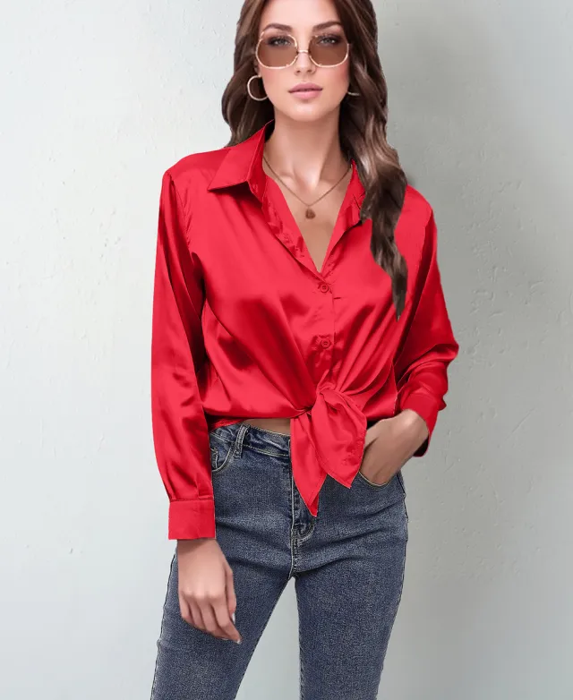 Women's Silk like Long sleeved Shirt Top Red - Shop at LoveMi