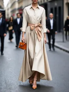 Solid Colour Maxi Dress Lace-up Windbreaker Skirt - Beige - View 1