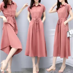 Waist-tight Slimming Elegant Long Dress Casual Polo Shirt Skirt - Pink - View 1