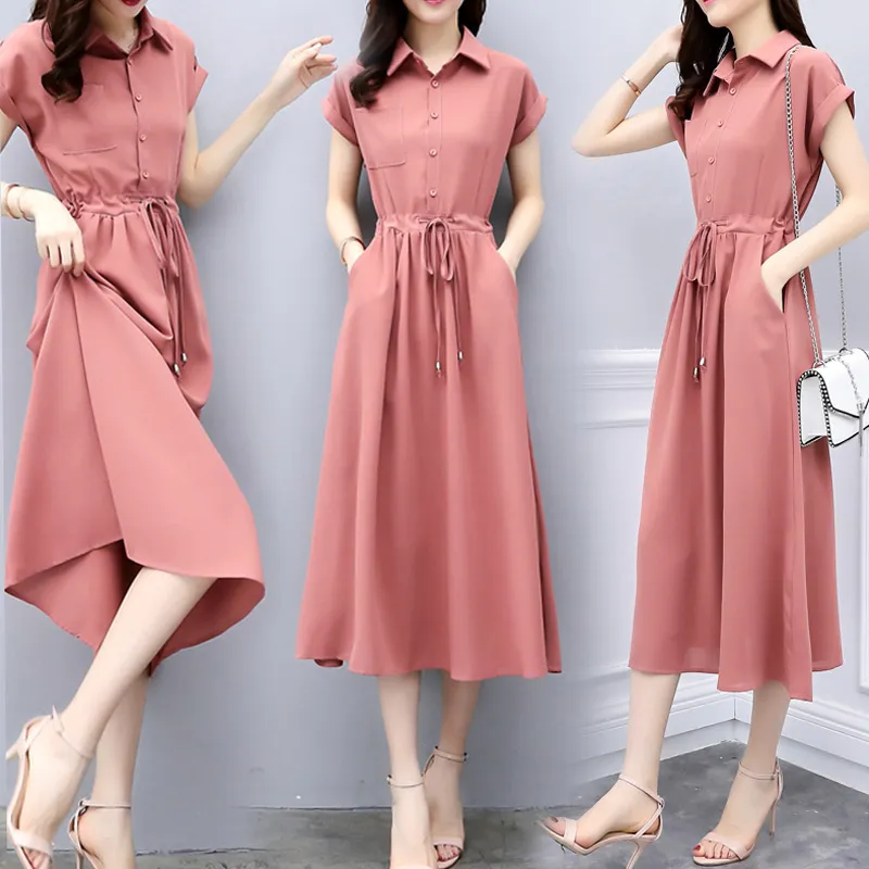 Waist-tight Slimming Elegant Long Dress Casual Polo Shirt Skirt - Pink