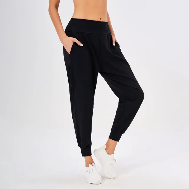 Women's Sports Solid Color High Waist Simple Pocket Casual Pants Black - Shop at LoveMi