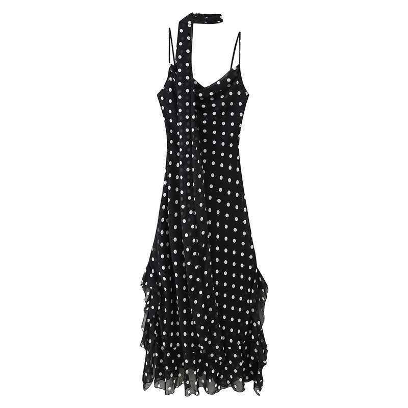 Retro Dots Scarf Decoration Ruffled Spaghetti Straps Dress