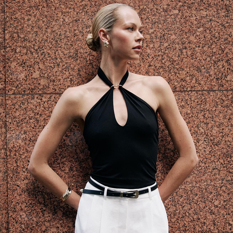 Cross Border Halter Solid Color Metal Ring Backless T-shirt Top