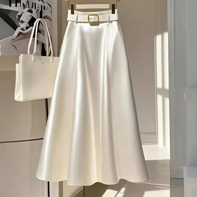 Elegant Solid Color A Line Skirt Smooth Satin Finish Flared Apricot - Shop at LoveMi