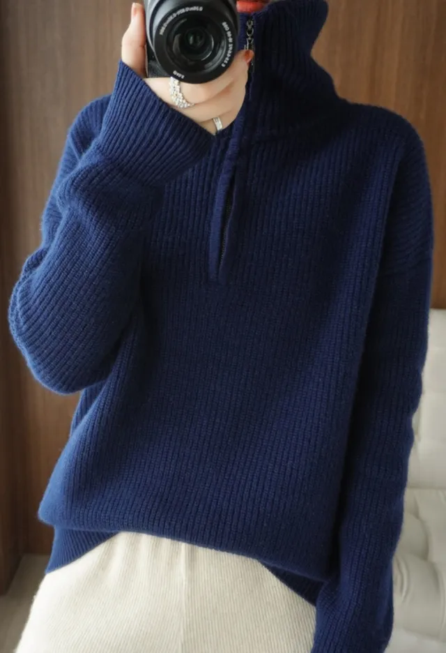 Women's Thickened Pullover Knitted Sweater Top Navy Blue - Shop at LoveMi