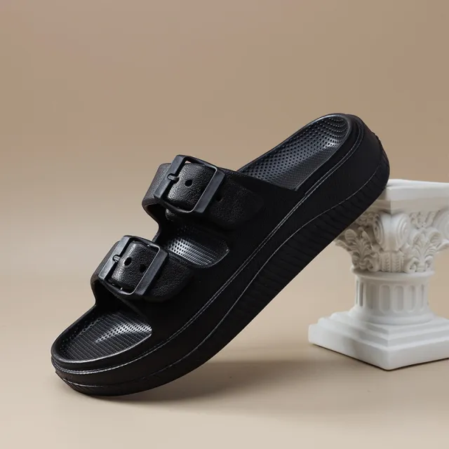 Women's Slippers Double Buckle Outer Wear Thick Bottom Non slip Beach Sandals Black - Shop at LoveMi