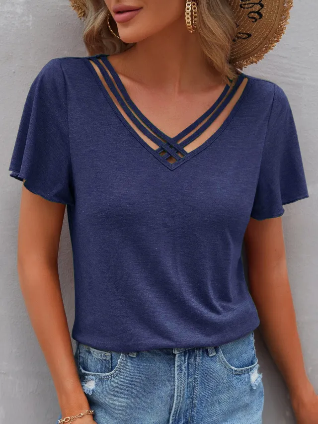 Women's Pure Color Ruffles Short sleeved Top T shirt Navy Blue - Shop at LoveMi