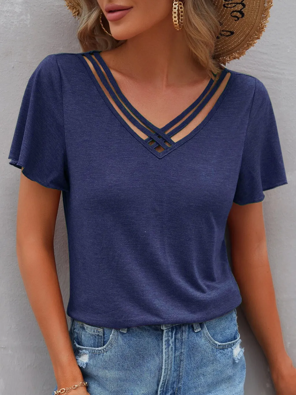 Women's Pure Color Ruffles Short-sleeved Top T-shirt - Navy Blue