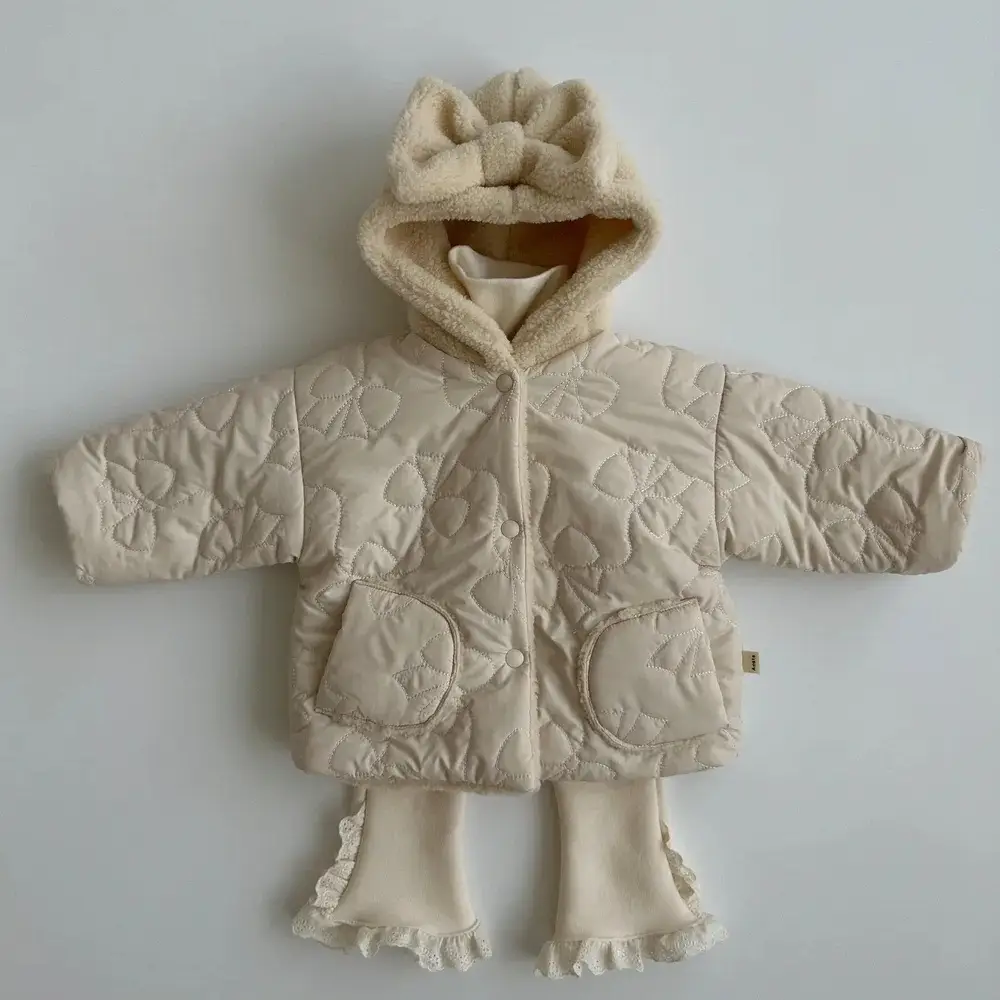 Girls' Hooded Winter Jacket with Bow Detail and Lambswool Lining