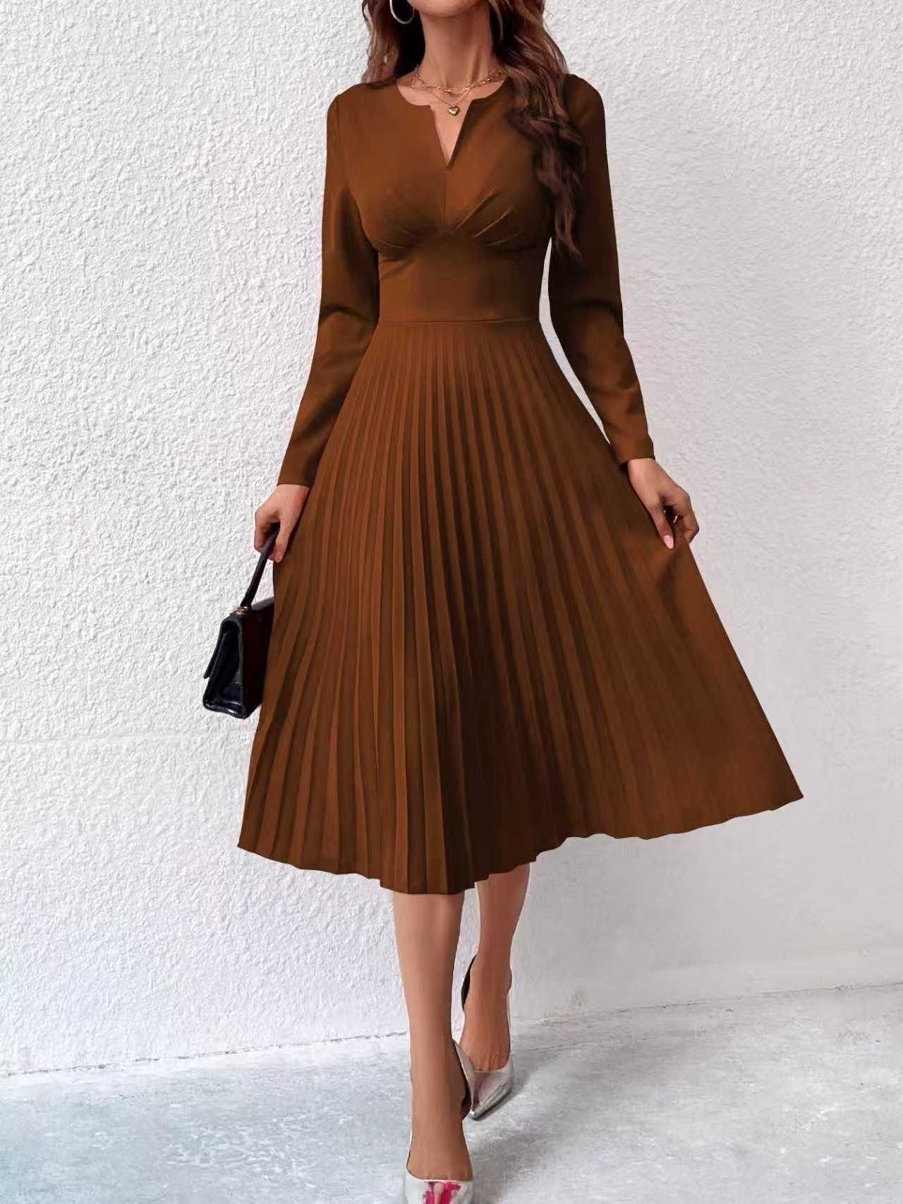 Fashionable Elegant, Solid color Pleated Waist cinching Slim Dress Brown - Shop at LoveMi