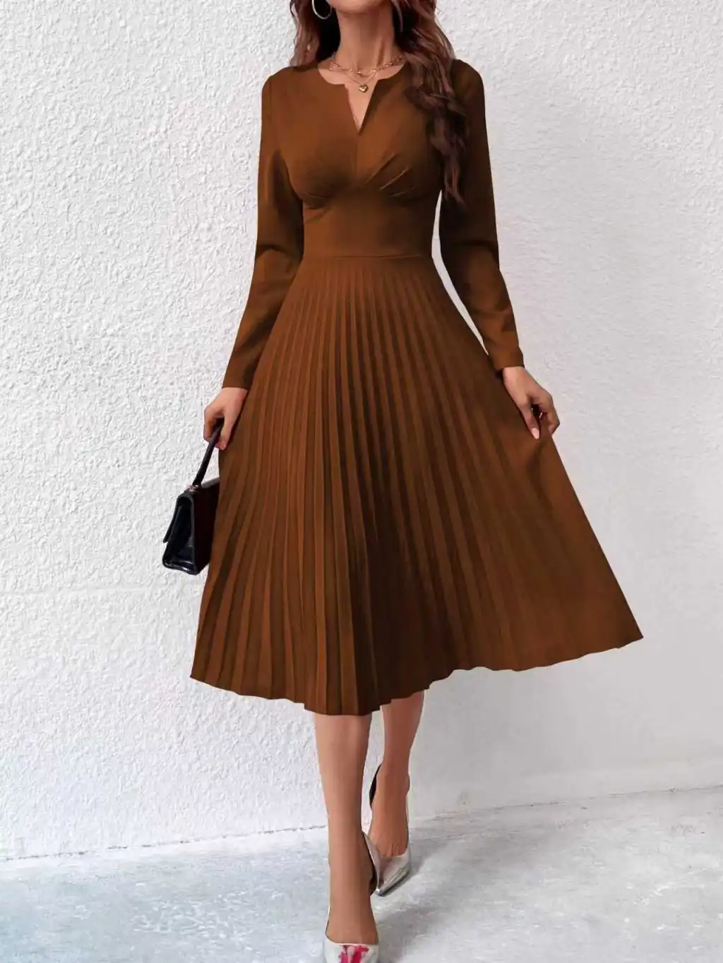 Fashionable Elegant, Solid-color Pleated Waist-cinching Slim Dress - Brown