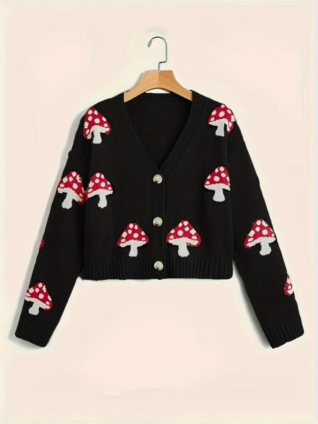 Cute Mushroom Button Knitted Cardigan Black - Shop at LoveMi
