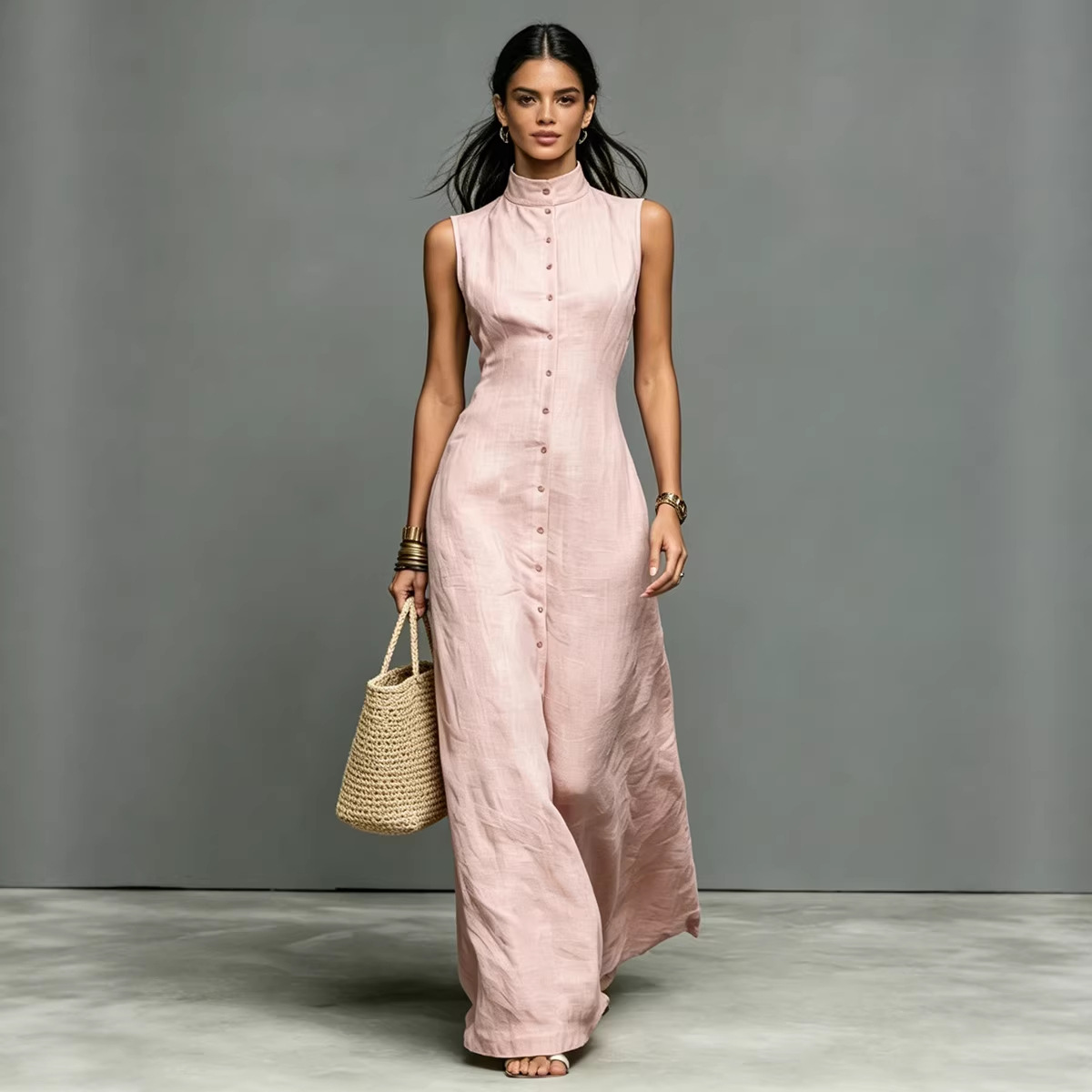 Blended Fabric Stand-up Collar Single-breasted Sleeveless Maxi Dress