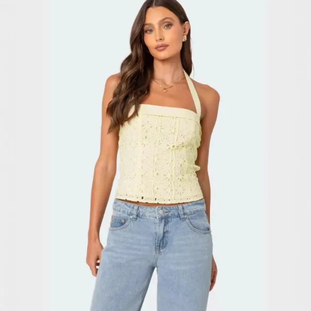 Pure Desire Style Hanging Collar Backless Embroidery Poplin Spaghetti strap Camisole Top Summer Yellow - Shop at LoveMi