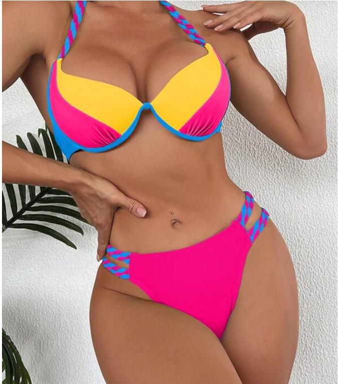 Women's Fashion Temperament Color Matching Triangle High Waist Bikini Swimsuit Two-piece