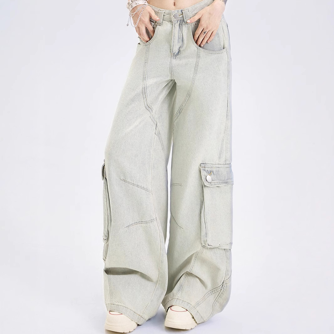 Womens Straight-Leg Multi-Pocket Workwear-Style Loose Wide-Leg Denim Jeans