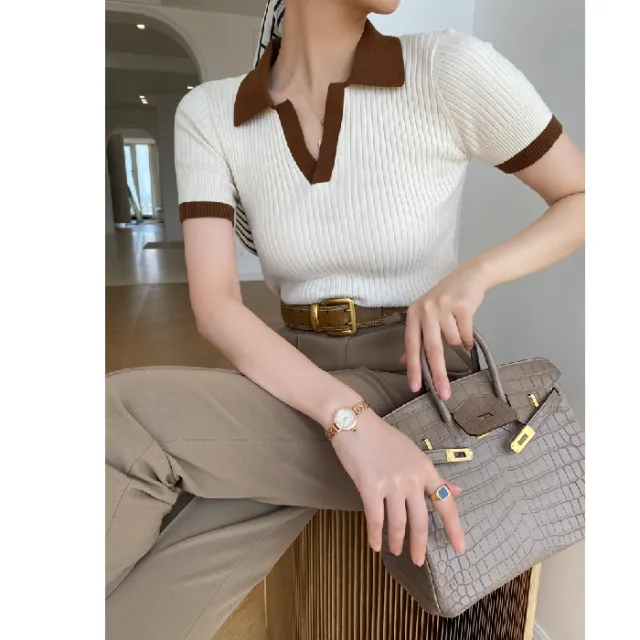 Contrast Color V Neck Short Sleeved Sweater Beige - Shop at LoveMi