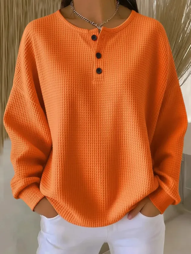 Round Neck Waffle Solid Color Pullover Loose Top Orange - Shop at LoveMi