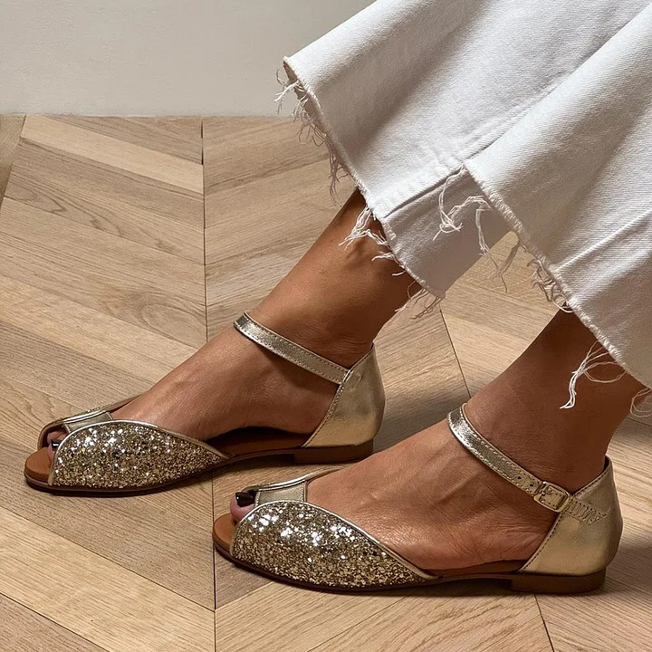 Golden Fish-mouth Round-toe Open-toe Sling-back Hollow-out Sandals