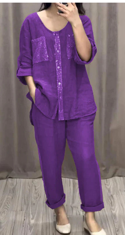 Women's Fashion Casual Set Pocket Placket Gilding Round Neck Suit