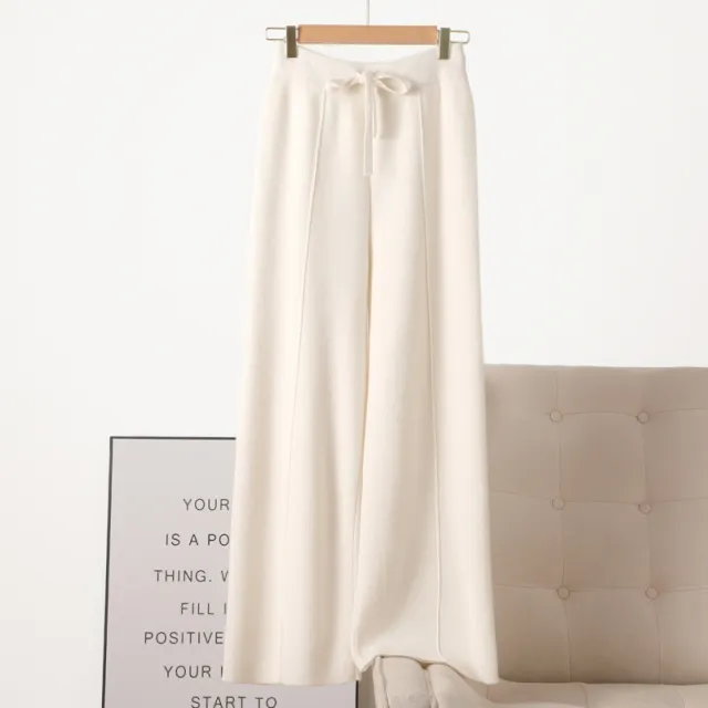 New High Waist Outer Wear Thick Wool Knitted Trousers Drape Pearl White - Shop at LoveMi