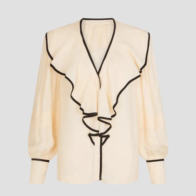 New Women's V neck Retro Loose fit Contrast color Pleated Blouse Apricot - Shop at LoveMi