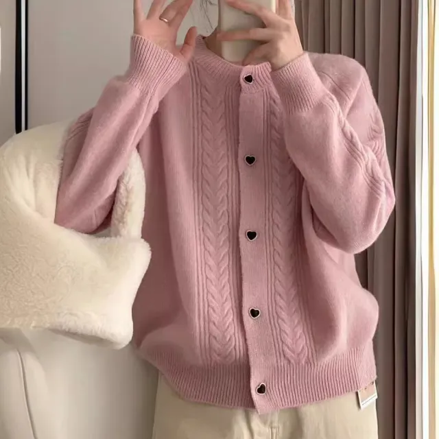 Autumn And Winter Solid Color Soft Glutinous Korean Round Neck Sweater Coat Pink - Shop at LoveMi