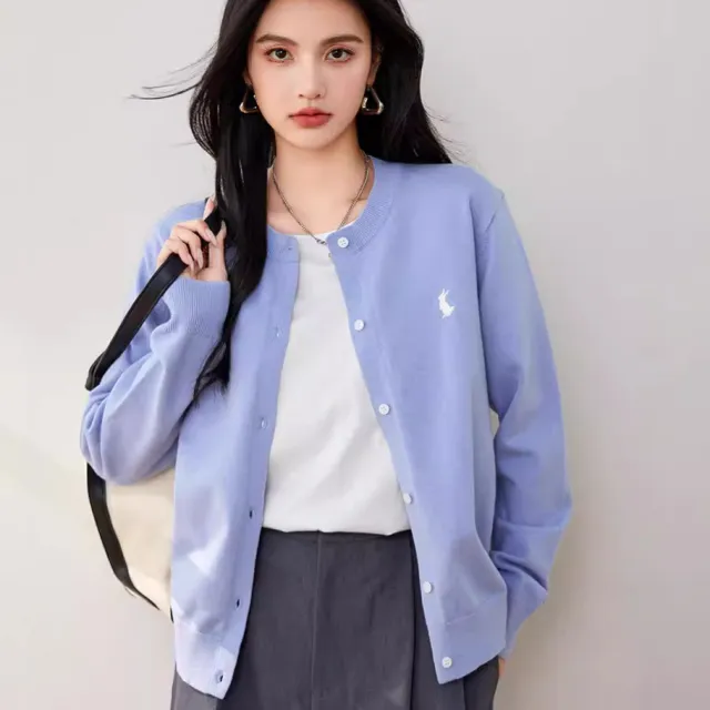 Simple Wool Cardigan Women's Sweater Coat Embroidered Rabbit Solid Color Blue - Shop at LoveMi