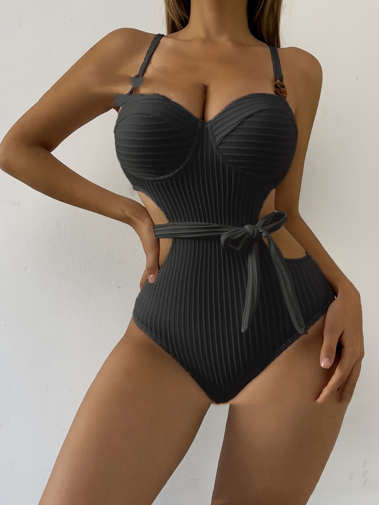 White Solid Color Wave Pattern Sling Hot Girl Style One piece Swimsuit Black - Shop at LoveMi