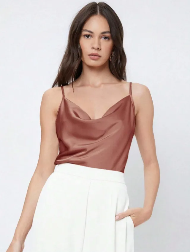 Womens Solid Color Casual Rayon Satin Camisole Brown - Shop at LoveMi